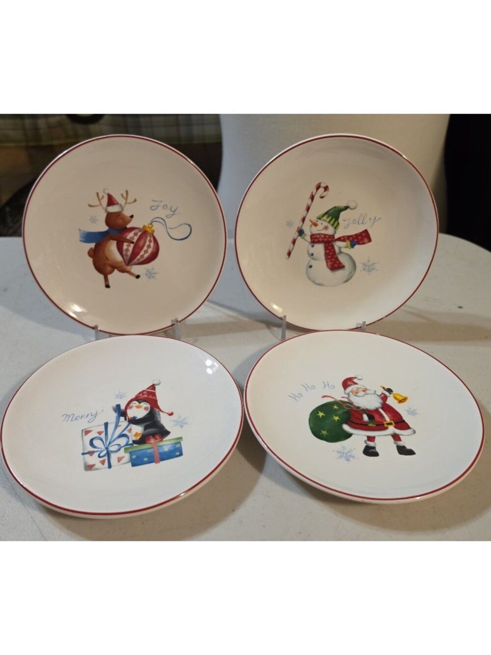 Pier 1 Christmas 6" Appetizer Plates Set of 4 Ironstone Santa Snowman Whimsical